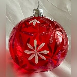 Vintage Pier 1 Round Red Glass, Pink  and White Glitter Holiday Ornament
